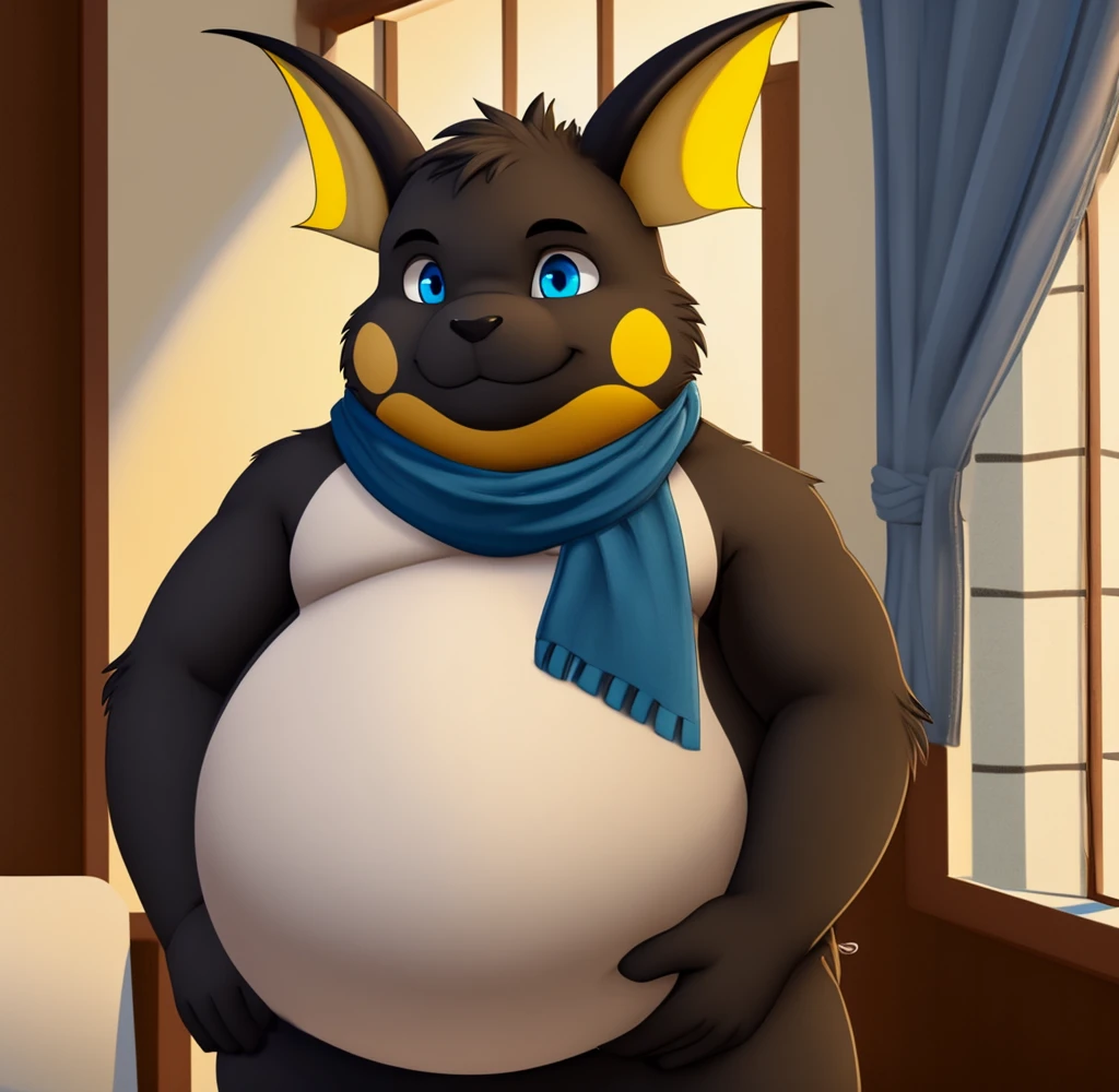 solo, raichu, anthro, male, black fur, blue eyes, round face, obese, large belly, wearing scarf, smiling, indoors