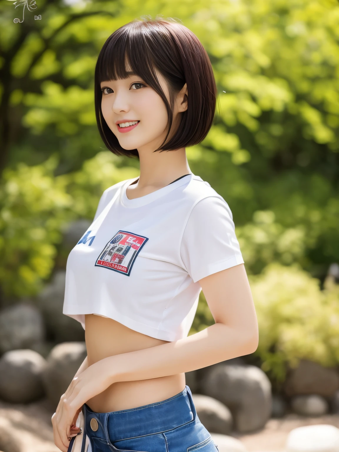 top-quality,masterpiece,Raw photography,8K,Top image quality,hight resolution, 18 years old Japanese female idol ,Beautuful Women,cute Japanese girls, Pretty Woman ,Beautiful face in every detail, aegyo sal ,small head, seductive smile ,Realistic human skin, pale skin ,cut model , Short hair ,bowl cut ,skinny body ,Sweat, t-shirts,rib ,(low rise pants,from side, put one's hand inside one's clothes ), navel focus, arched back,