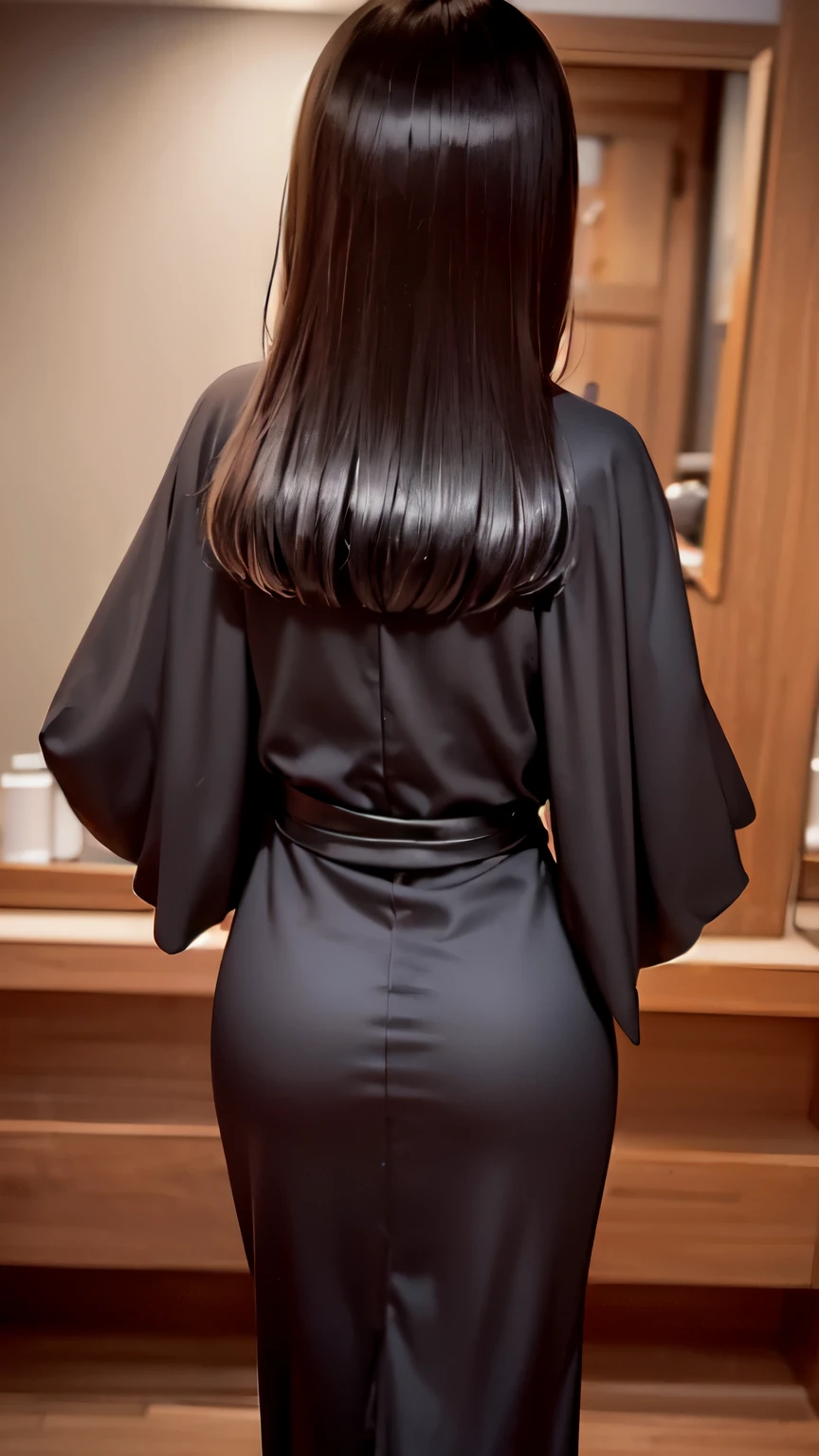 A woman in a black dress standing in front of a mirror - SeaArt AI