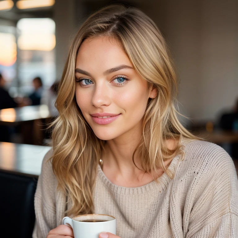Beautiful blonde woman in beige sweater (holding a cup of coffee in a modern cafe at sunset), 1.5 meters, very detailed, 21 years old, innocent face, natural curly hair, Blue eyes, a high resolution, masterpiece, Best quality, complex parts, very detailed, Sharp Focus, Detailed skin, realistic skin texture, texture, Detailed eyes, professional, 4K, Charming smile, shot on Canon, 85 mm, Shallow depth of field, Kodak Vision Color, perfectly toned body, extremely detailed, photor_\(ultra\), photorealistic, Realistic, Treatment after, Maximum details, roughness, real life, ultra realist, photorealism, photo, 8k contract, photo