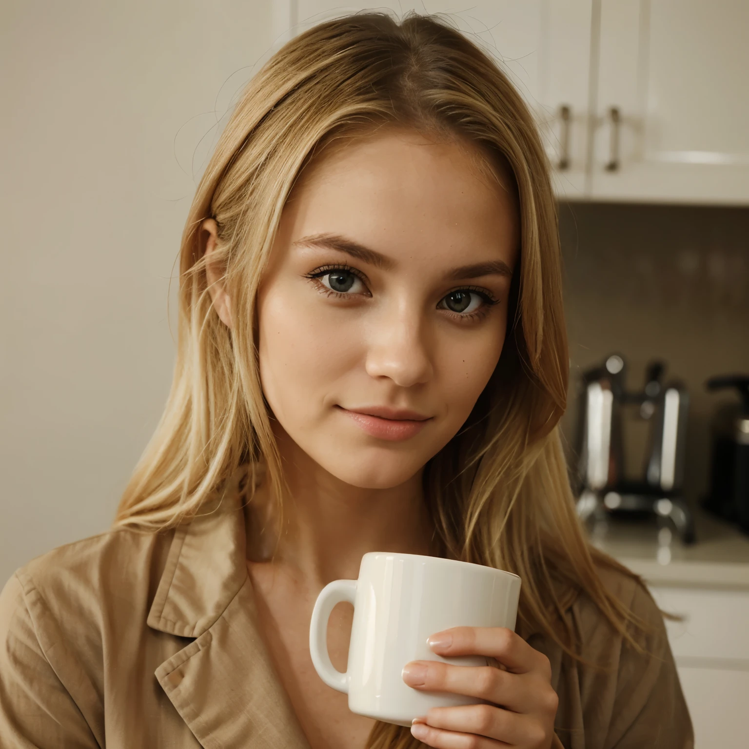 attractive blonde girl, A girl holding a coffee mug close to her face, as if about to take a sip.