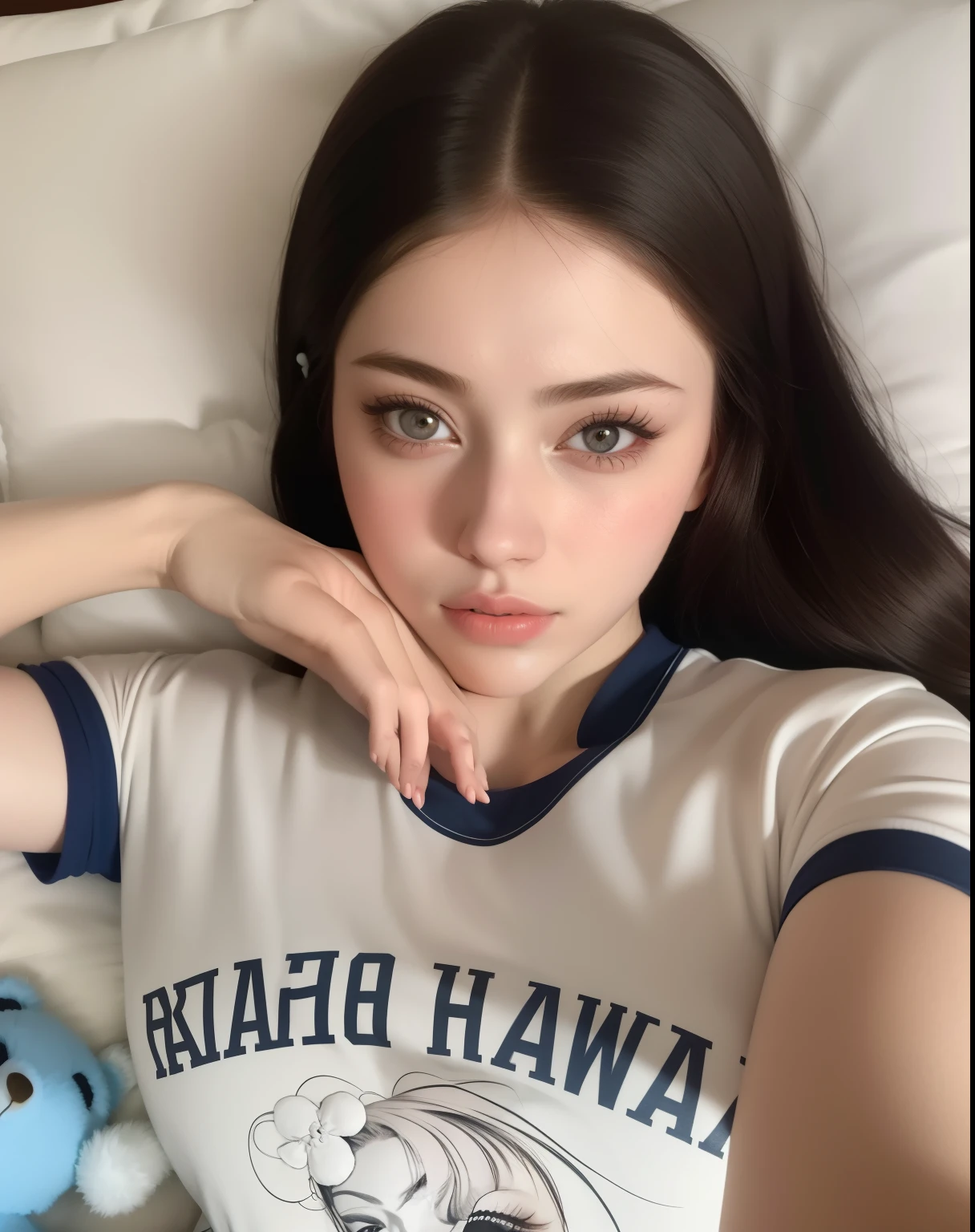 arafed woman laying in bed with a teddy bear and a pillow, anastasia ovchinnikova, anna nikonova aka newmilky, yelena belova, pale-skinned persian girl, belle delphine, instagram model, russian girlfriend, angelawhite, attractive girl, 18 years old, ukrainian girl, perfect face ), dasha taran