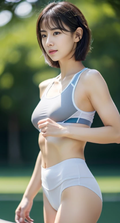 Photorealistic beautiful female 、26 years old、amazingly beautiful、extremely fine transparency、beautiful body、(highest quality、8K、32K、masterpiece、nffsw:1.3)、ultra high resolution,(Photoreal:1.4),RAW photo, detailed face,,beautiful hair, ((Doctor Style)), ,very short hair 、very short hair、clean breasts、amazingly beautiful二重まぶた、beautiful nipples、 natural makeup,, small perfect breasts, wet hair、detailed background, perfect lighting, Depth of written boundary, beautiful shadow gradation、thin limbs、thin thighs、((whole body))、((transparent white sportswear、walk))、wet body、((athletics stadium))、Beautiful and slim perfect body、beautiful high nose、Trimmed thin pubic hair、large crowd