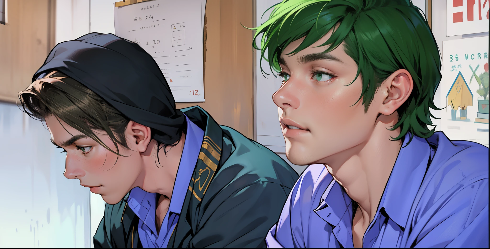 There are two handsome 15-year-old boys sitting at school, but it is a school in ancient Egypt. They see someone approaching. One of them has green hair and the other has black hair with brown highlights.