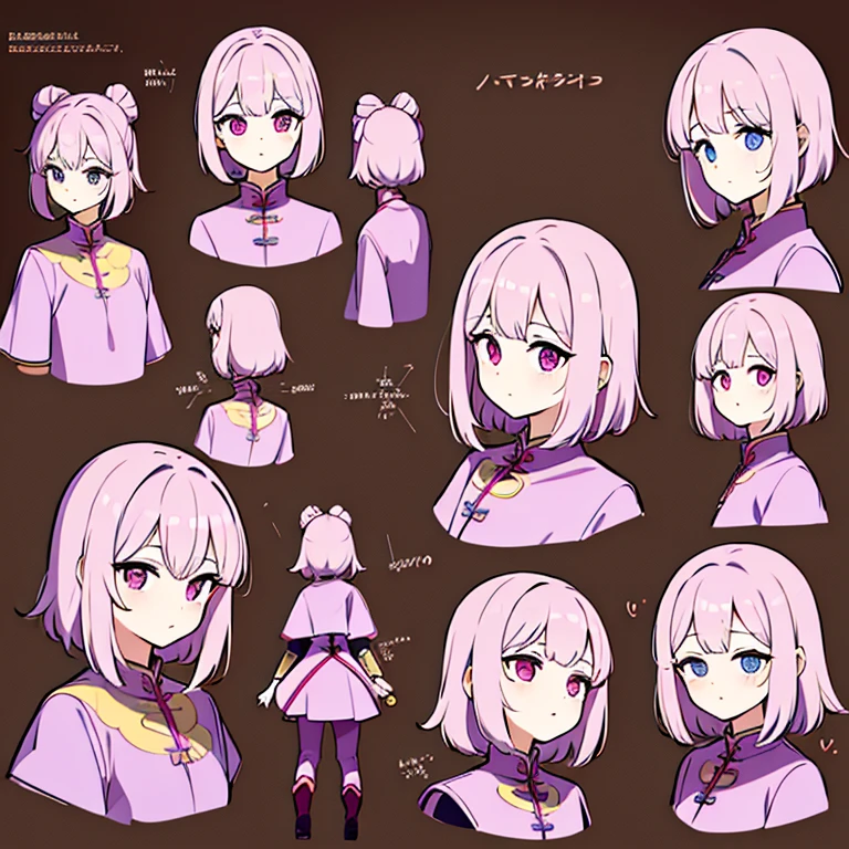 Personagem feminino da china ,cabelo longo,cheio e ondulado de cor castanho escuro, seus olhos castanhos escuro, cor da pele parda, in anime version, de cores das veste branca, with pink and lilac details, em desenho flores, uma personagem feminina estilo anime e uma mestra de bombas Model sheet.