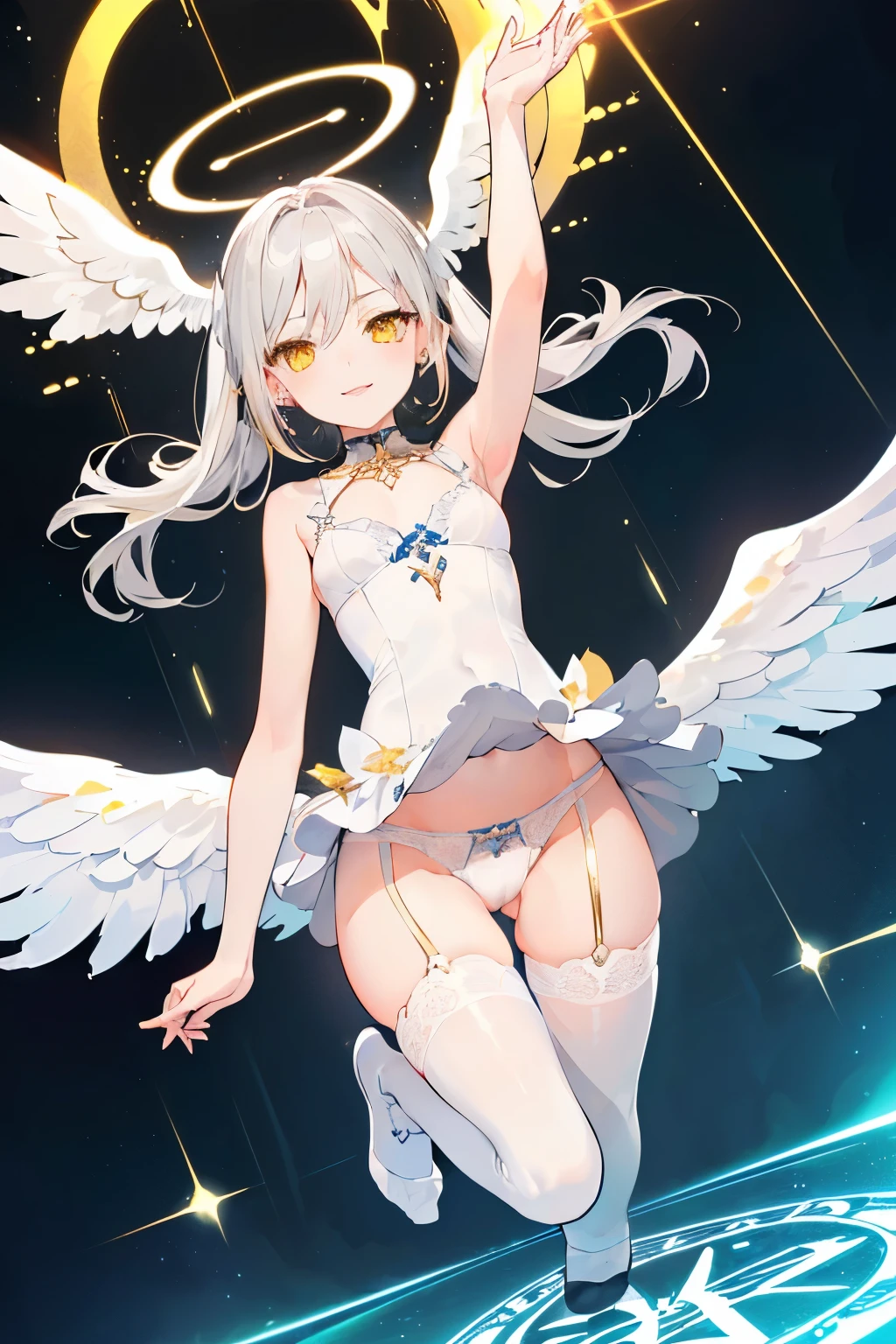 (((1girl))), ((best quality)), ((masterpiece)), ((ultra-detailed)), (illustration), (detailed light), (an extremely delicate and beautiful), (beautiful detailed eyes), (sunlight), ((extremely light)), ((extremely clothes)), (((hyper detail)))
(((adorable white lingerie))),
high twin pig tails, ((((white silver hair)))),
(((yellow gold eyes))),
((angel)), (((angel wings))), ((angel halo)),
(((whole body))), aged 13 to 16,
(((extra adorable))), (((extra slender shape))),
(((extremely beautiful detailed face))),
(mischievous smile with sexual satisfaction), (adorable smile),
(((condescending expression))),
(((jump up high above the magic circle))), (((((Dutch angle))))),
((())), (from below),
(((extremely thin thighs))), (((white stockings)))