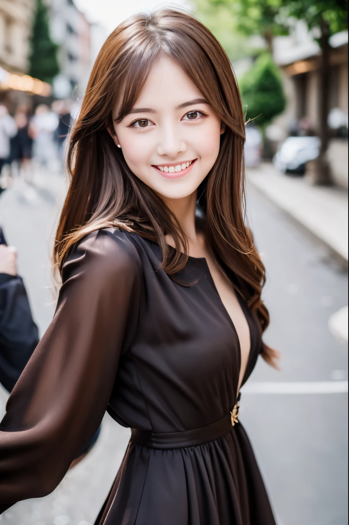 ((Best quality, 8k, Masterpiece :1.3)), 1girl, smiling, full body, slim face, Pretty woman, (Dark brown hair), full length dress :1.1, Ultra-detailed face, Detailed eyes, Double eyelid, blur background, slim face, city, outside, street,