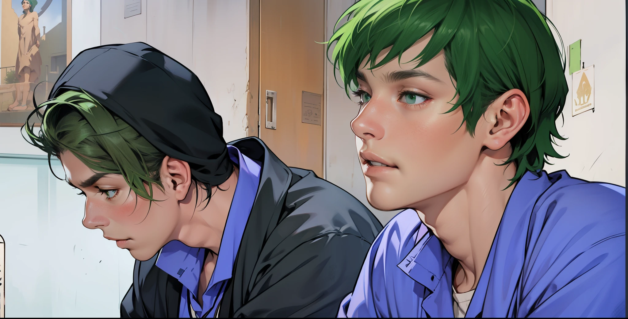 There are two handsome -yeld bositting at school, but it is a school in ancient Egypt. They see someone approaching. One of them has green hair and the other has black hair with brown highlights.