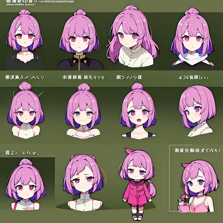 Personagem feminino chinesa,cabelo longo,cheio e ondulado de cor castanho escuro, seus olhos castanhos escuro, cor da pele parda, in anime version, de cores das veste branca, with pink and lilac details, em desenho flores, uma personagem feminina estilo anime e uma mestra de bombas Model sheet.