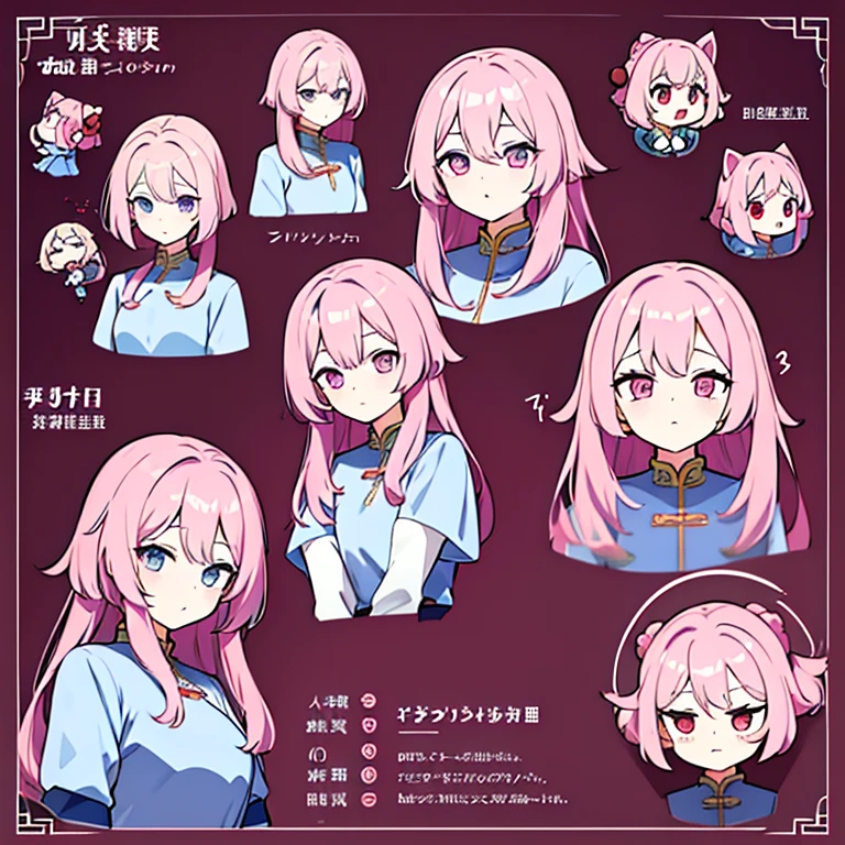 Personagem feminino da china ,cabelo longo,cheio e ondulado de cor castanho escuro, seus olhos castanhos escuro, cor da pele parda, in anime version, de cores das veste branca, with pink and lilac details, em desenho flores, uma personagem feminina estilo anime e uma mestra de bombas Model sheet.
