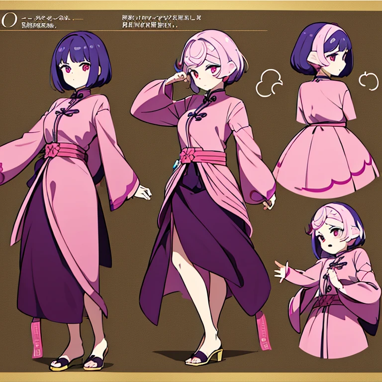 Personagem feminino da china ,cabelo longo,cheio e ondulado de cor castanho escuro, seus olhos castanhos escuro, cor da pele parda, in anime version, de cores das veste branca, with pink and lilac details, em desenho flores, uma personagem feminina estilo anime e uma mestra de bombas Model sheet.