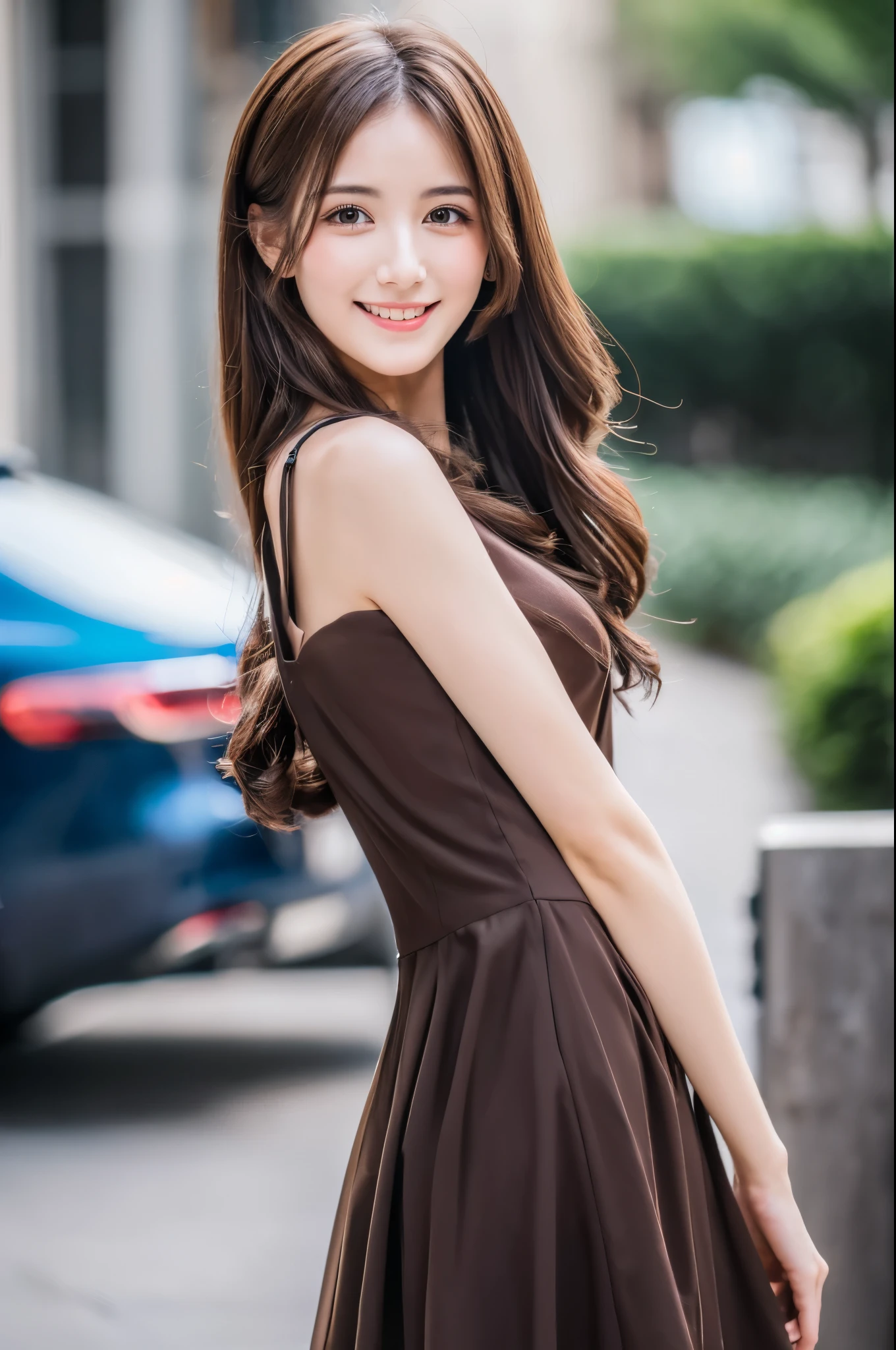 ((Best quality, 8k, Masterpiece :1.3)), 1girl, smiling, full body, slim face, Pretty woman, (Dark brown hair), full length dress :1.1, Ultra-detailed face, Detailed eyes, Double eyelid, blur background, slim face, city, outside, street,
