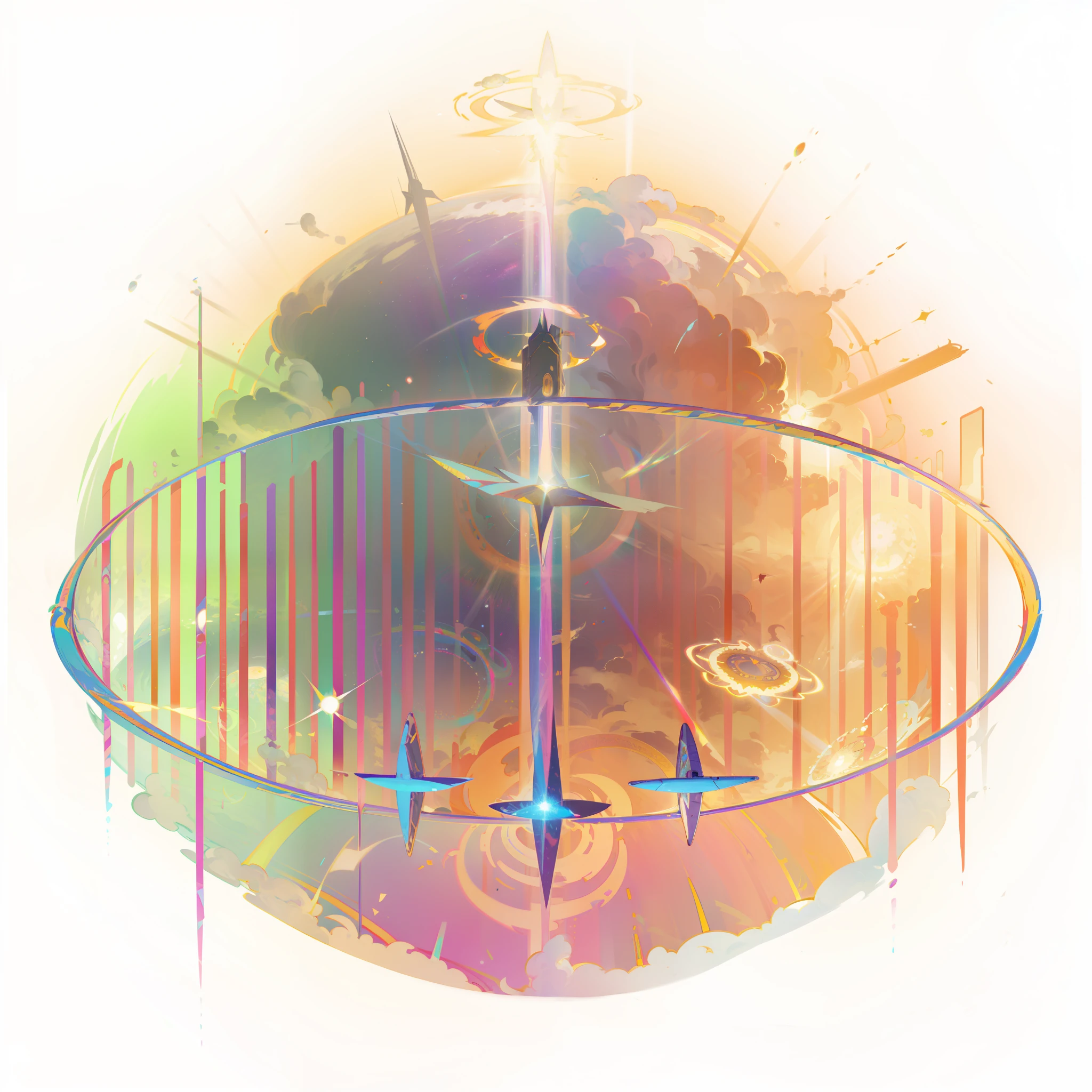 there is a circular image of a plane flying in the sky, digital illustration radiating, multicolored vector art, prismatic halo, cosmic colorful ultima moongate, colorful refractive adornments, faint volumetric god rays, electric aura with particles, huge prismatic glowing sun, holy light halo, bright glowing translucent aura, psychedelic light show