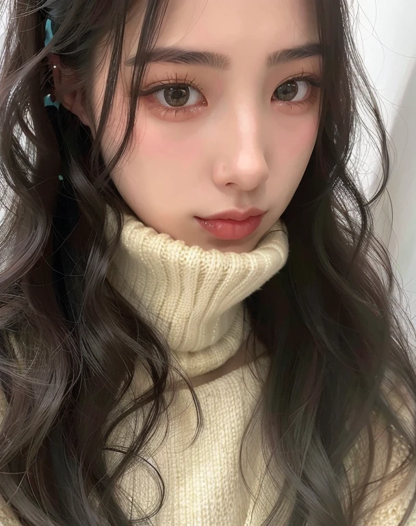 A closeup of a woman with long hair wearing a turtleneck sweater, ichillin yeju, adorable and pale korean face, young lovely korean face, Jinyoung Shin, ichillin yeju, coreana, rosto muito bonito, jaeyeon nam, chiho, com cara fofa - linda, cara clara e fofa, sakimichan, beautiful aesthetic face