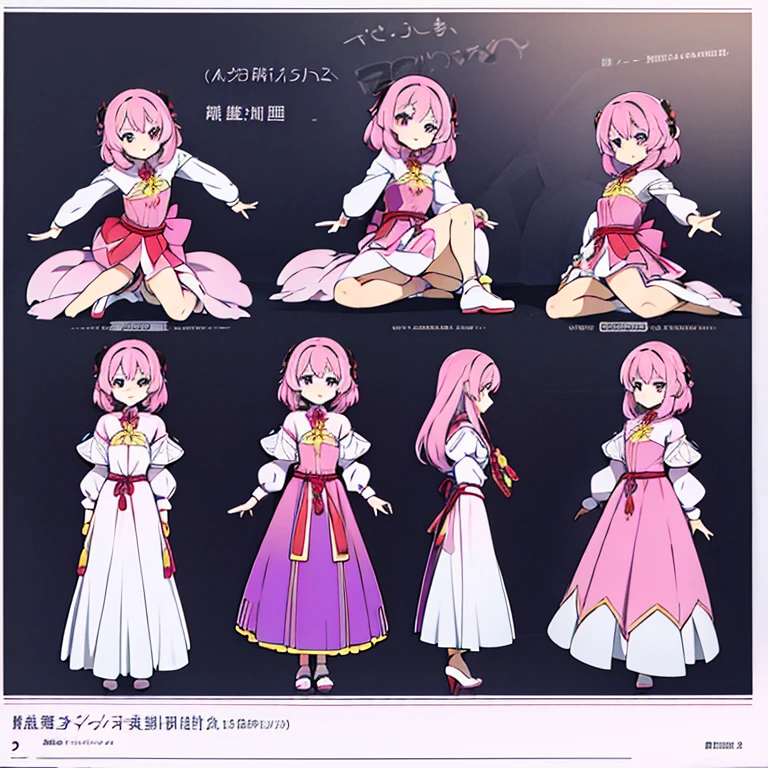 Personagem feminino chinesa,cabelo longo,cheio e ondulado de cor castanho escuro, seus olhos castanhos escuro, cor da pele parda, in anime version, de cores das veste branca, with pink and lilac details, em desenho flores, uma personagem feminina estilo anime e uma mestra de bombas Model sheet.