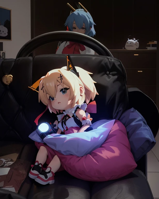 there is a stuffed animal con auriculares on sitting on a couch, anime peripheral, I will deny the matter, Rei Ayanami, con auriculares, con auriculares, ayanami, foto de perfil 1024px, Orejas de anime, 8k!, 4k!, de arknights, tiene auriculares, e-chica, and - girl, Estilo como Nendoroid