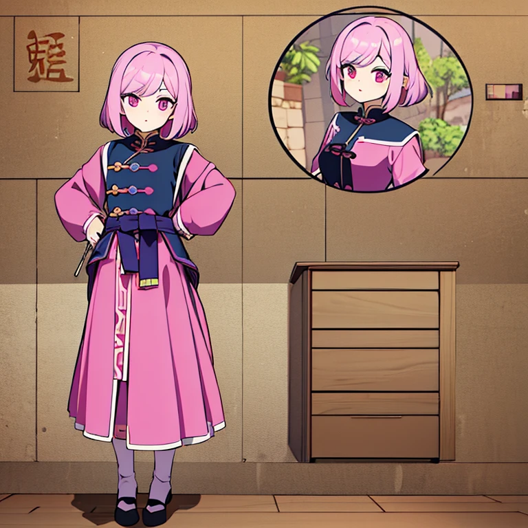 Personagem feminino da china ,cabelo longo,cheio e ondulado de cor castanho escuro, seus olhos castanhos escuro, cor da pele parda, in anime version, de cores das veste branca, with pink and lilac details, em desenho flores, uma personagem feminina estilo anime e uma mestra de bombas Model sheet.