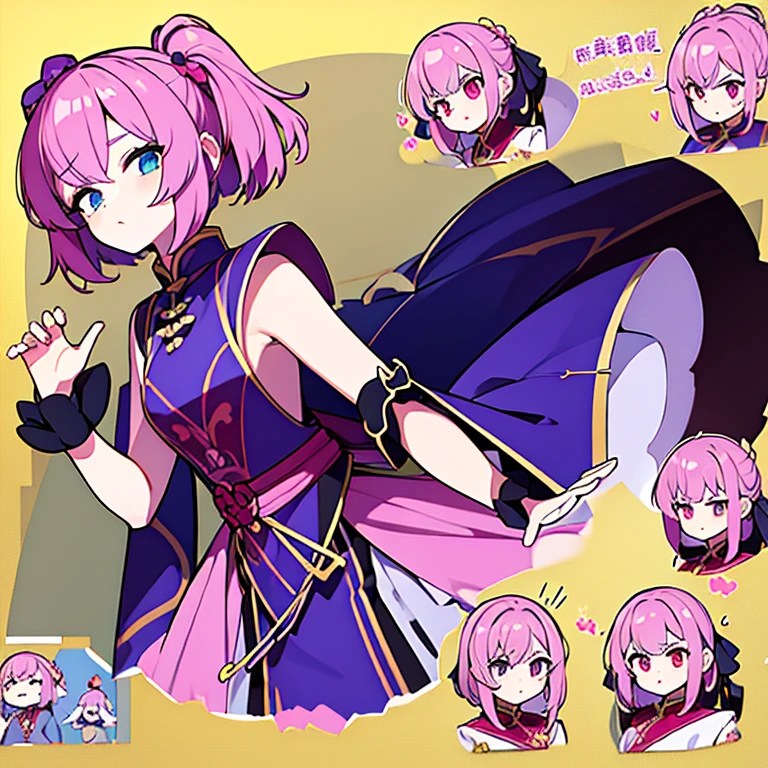 Personagem feminino da china ,cabelo longo,cheio e ondulado de cor castanho escuro, seus olhos castanhos escuro, cor da pele parda, in anime version, de cores das veste branca, with pink and lilac details, em desenho flores, uma personagem feminina estilo anime e uma mestra que tem como arma leques Model sheet.