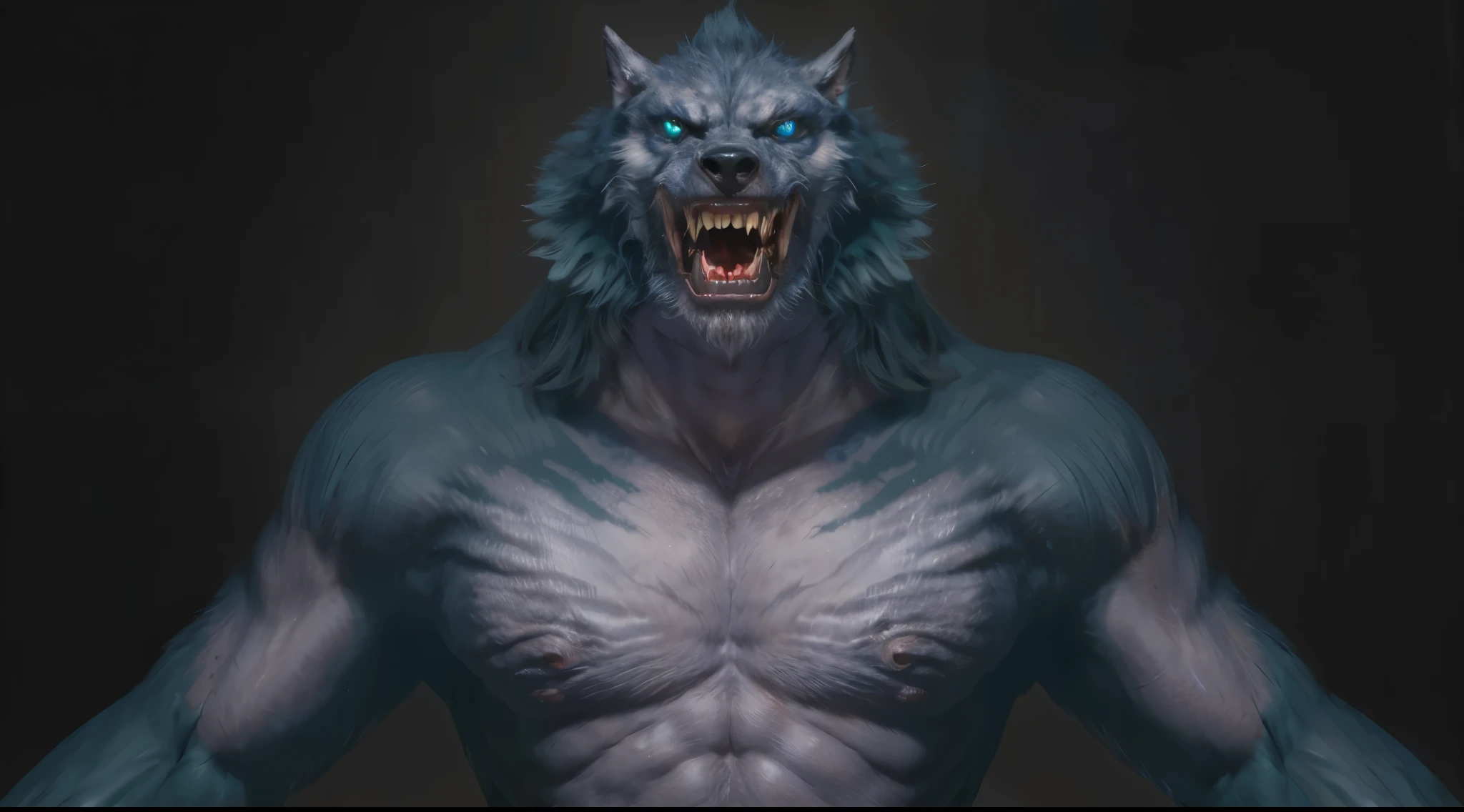 (masterpiece),(best quality:1.0),(ultra high resolution:1.0), monster, werewolf, menacing look, claws, fangs, blue eyes , hair on the body, wolfteam, face focus, 8k wallpaper, full body