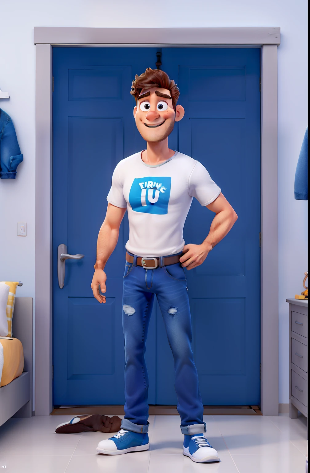 Homem branco cartoon Disney pixar, obra de arte, melhor qualidade, um velho com barba branca e pouco cabelo branco, vestindo uma uma calda jeans e uma blusa social de manga longa na cor azul, he is in an all white room