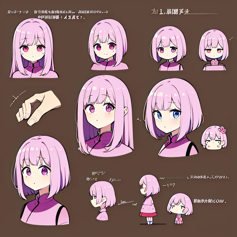 Personagem feminino chinesa,cabelo longo,cheio e ondulado de cor castanho escuro, seus olhos castanhos escuro, cor da pele parda, in anime version, de cores das veste branca, with pink and lilac details, em desenho flores, uma personagem feminina estilo anime e uma mestra de bombas Model sheet.