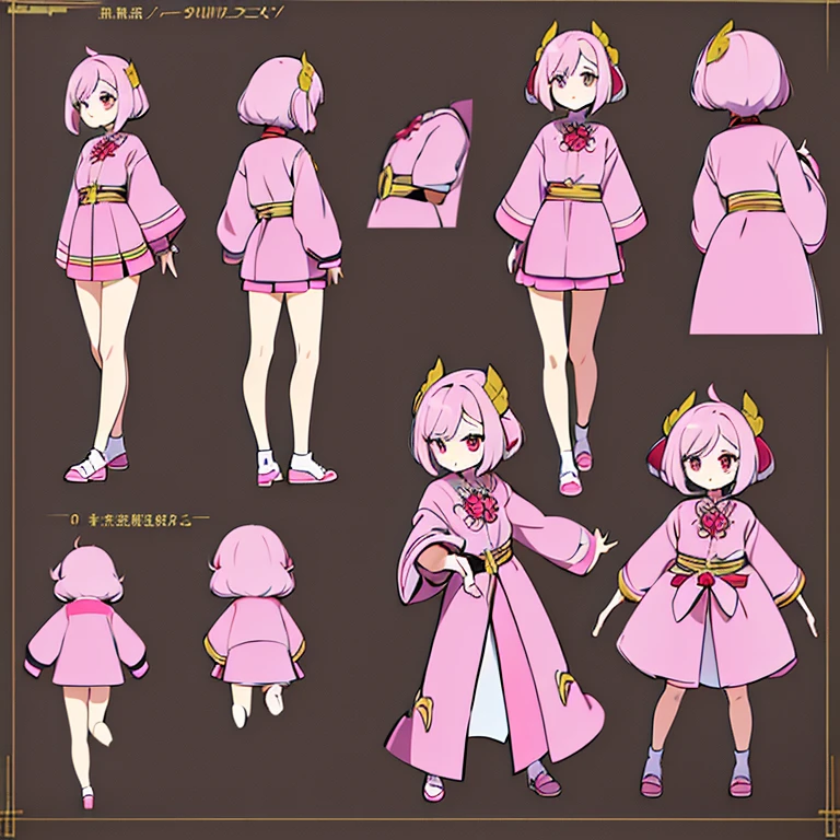 Personagem feminino chinesa,cabelo longo,cheio e ondulado de cor castanho escuro, seus olhos castanhos escuro, cor da pele parda, in anime version, de cores das veste branca, with pink and lilac details, em desenho flores, uma personagem feminina estilo anime e uma mestra de bombas Model sheet.