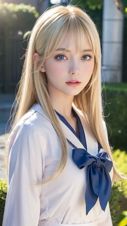 (Highly detailed CG Unity 8K wallpaper)、(masterpiece)、(best quality)、(Super detailed)、(best illustrations)、(best shadow)、(photorealistic:1.5)、(PureErosFace_V1:0.5)、real human skin、Lens flare、shade、Backlight、flower、Depth of bounds written、Natural light、hard focus、film grain、look at the viewer、One blonde Scandinavian girl、、solo、skinny、pale skin、soft lips、(Bright eyebrows: 1.4)、Very large shiny sky blue eyes、bright blonde very long straight hair、super long blonde hair、bangs between the eyes、ample breasts、beautiful detailed sky、Detailed West Garden (crowd: 1.2)、Light of the sun、(blushed nose)、beautiful detailed eyes、White Japan Uniform、sailor suit、Dark red pleated skirt、sneakers、cheek highlights、