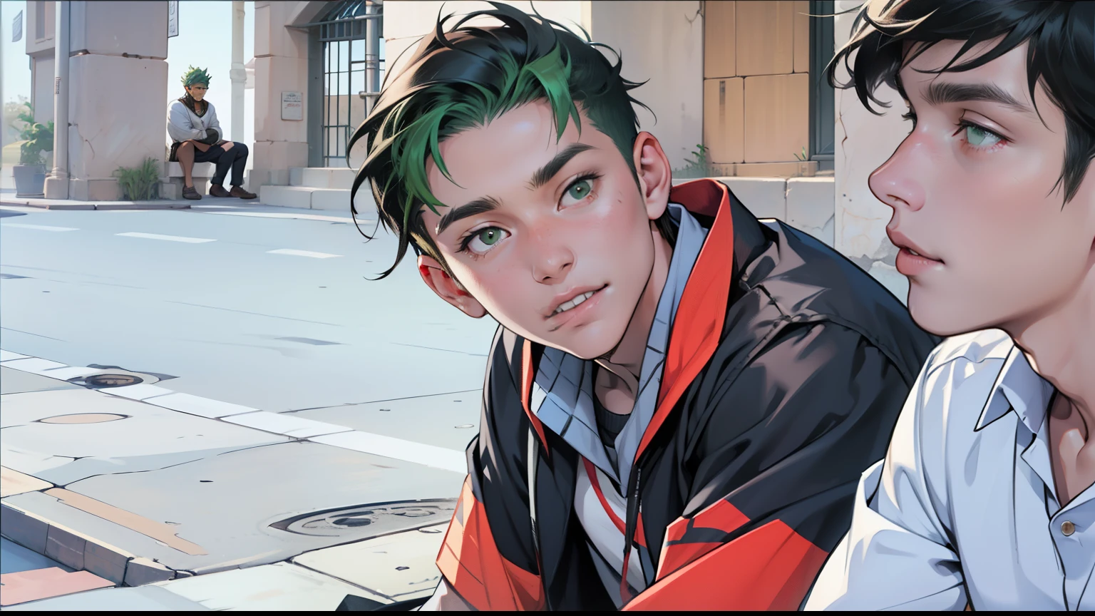 There are two handsome 15-year-old boys sitting at school, but it is a school in ancient Egypt. They see someone approaching. One of them has green hair and the other has black hair with brown highlights.