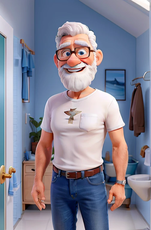Homem branco de 62 anos, melhor qualidade, um velho com barba branca e pouco cabelo branco, vestindo uma  uma calda jeans e uma blusa social de manga longa na cor azul, he is in an all white room