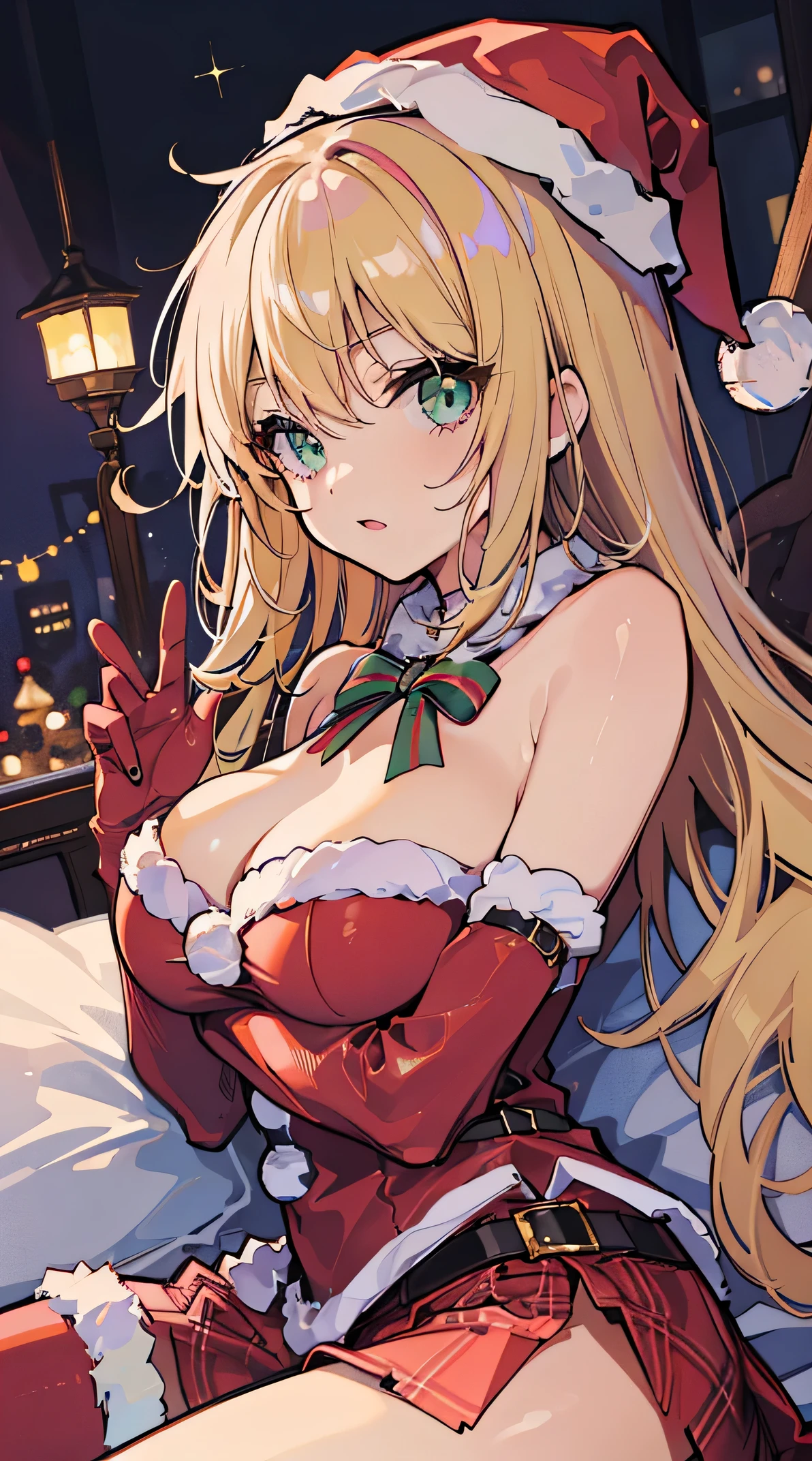 High resolution、Beautiful pale green slanted eyes、1 girl、blonde、medium hair、(sacred costume:1.3)、red hat、big and full breasts、(sleeping face up on the bed:1.5)、cute anime illustration、perfect lighting、perfect anatomy、perfect fingers、perfect arms、perfect legs