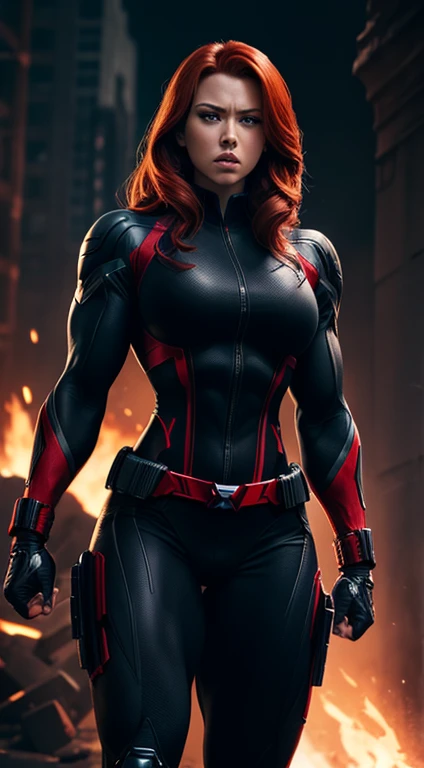 Black Widow marvel ,Bodybuilder, Bodybuilder veins, battle damaged uniform, super strong, muscular, ABS, 35mm lens, photography, ultra details, HDR, UHD,8K