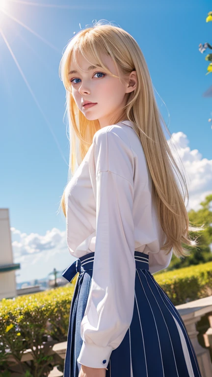 (Highly detailed CG Unity 8K wallpaper)、(masterpiece)、(best quality)、(Super detailed)、(best illustrations)、(best shadow)、(photorealistic:1.5)、(PureErosFace_V1:0.5)、real human skin、Lens flare、shade、Backlight、flower、Depth of bounds written、Natural light、hard focus、film grain、look at the viewer、One blonde Scandinavian girl、17 years old、solo、skinny、pale skin、soft lips、(Bright eyebrows: 1.4)、Very large shiny sky blue eyes、Very beautiful shiny bright blonde very long straight hair、super long blonde hair、bangs between the eyes、ample breasts、beautiful detailed sky、Detailed West Garden (crowd: 1.2)、Light of the sun、(blushed nose)、beautiful detailed eyes、White Japan Uniform、sailor suit、Dark red pleated skirt、sneakers、cheek highlights、