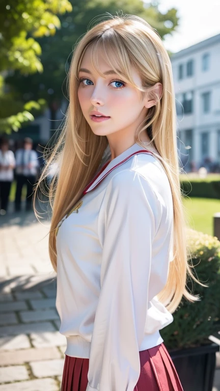 (Highly detailed CG Unity 8K wallpaper)、(masterpiece)、(best quality)、(Super detailed)、(best illustrations)、(best shadow)、(photorealistic:1.5)、(PureErosFace_V1:0.5)、real human skin、Lens flare、shade、Backlight、flower、Depth of bounds written、Natural light、hard focus、film grain、look at the viewer、One blonde Scandinavian girl、、solo、skinny、pale skin、soft lips、(Bright eyebrows: 1.4)、Very large shiny sky blue eyes、Very beautiful shiny bright blonde very long straight hair、super long blonde hair、bangs between the eyes、ample breasts、beautiful detailed sky、Detailed West Garden (crowd: 1.2)、Light of the sun、(blushed nose)、beautiful detailed eyes、White Japan Uniform、sailor suit、Dark red pleated skirt、sneakers、cheek highlights、
