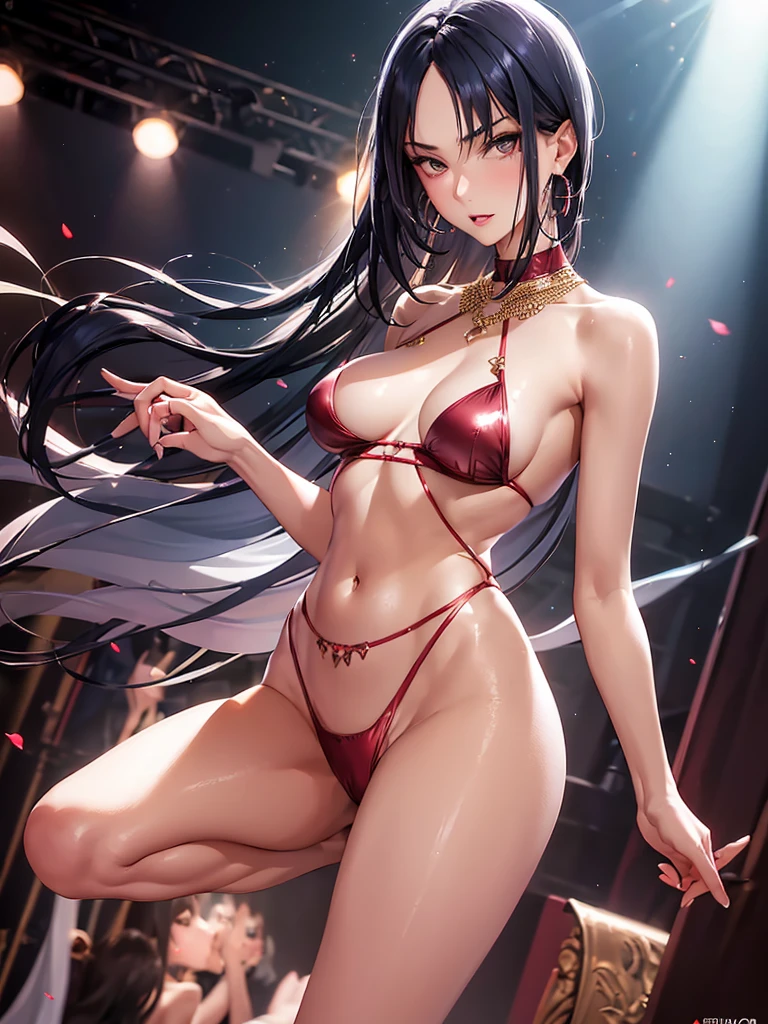 1girl,a beautiful fashion model ,(masterpiece, official art, best quality) (perfect eyes) ,short and shiny dark blue hair, black streaks in hair, full lips, cute nose, medium , , elegant makeup, exhibitionism, naked in public, , slim thighs, toned body, shiny skin, sexy pose,,(( (slender, skinny, slim))), gold hoop earrings, eyeshadow, cute face, (((girl with man))) embarrassed, coy, surprised, blush, glittery skin, girl dancing on stage, skinny thighs, narrow hips, skirt lift, red and silver OUTFIT, slutty top, abs, toned stomach