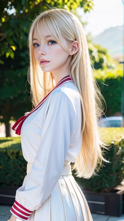 (Highly detailed CG Unity 8K wallpaper)、(masterpiece)、(best quality)、(Super detailed)、(best illustrations)、(best shadow)、(photorealistic:1.5)、(PureErosFace_V1:0.5)、real human skin、Lens flare、shade、Backlight、flower、Depth of bounds written、Natural light、hard focus、film grain、look at the viewer、1 beautiful blonde Scandinavian girl、17 years old、solo、skinny、pale skin、soft lips、(Bright eyebrows: 1.4)、Very large shiny sky blue eyes、Very beautiful shiny bright blonde very long straight hair、Super Long Platinum Blonde Hair、bangs between the eyes、ample breasts、beautiful detailed sky、Detailed West Garden (crowd: 1.2)、Light of the sun、(blushed nose)、beautiful detailed eyes、White Japan Uniform、sailor suit、Dark red pleated skirt、sneakers、cheek highlights、