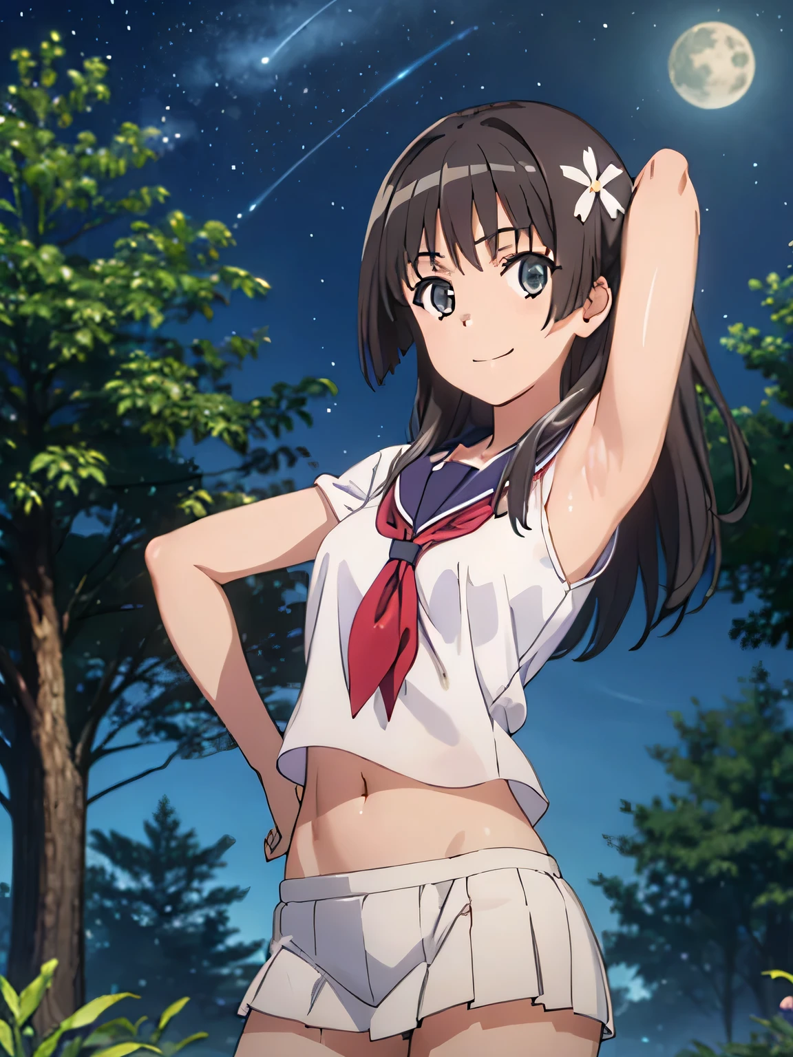 (((pixel-perfect, detail-perfect))), solo, 1girl, saten ruiko, sakugawa school uniform, looking at viewer, closed_mouth, night sky, forest, arms behind head, spread armpits, midriff, contrapposto, cowboy shot, smile,