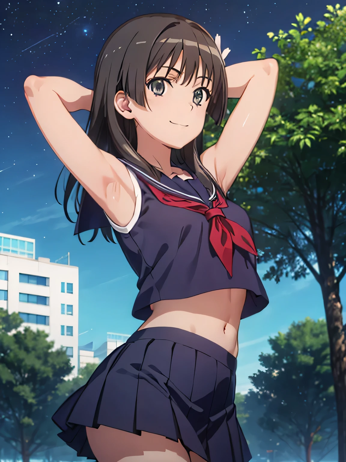 (((pixel-perfect, detail-perfect))), solo, 1girl, saten ruiko, sakugawa school uniform, looking at viewer, closed_mouth, night sky, forest, arms behind head, spread armpits, midriff, contrapposto, cowboy shot, smile,