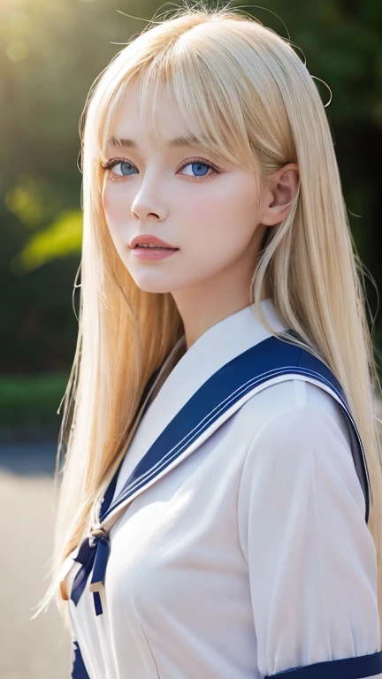 (Highly detailed CG Unity 8K wallpaper)、(masterpiece)、(best quality)、(Super detailed)、(best illustrations)、(best shadow)、(photorealistic:1.5)、(PureErosFace_V1:0.5)、real human skin、Lens flare、shade、Backlight、flower、Depth of bounds written、Natural light、hard focus、film grain、look at the viewer、1 beautiful blonde Scandinavian girl、17 years old、solo、skinny、pale skin、soft lips、(Bright eyebrows: 1.4)、Very large shiny sky blue eyes、Very beautiful shiny bright blonde very long straight hair、Super Long Platinum Blonde Hair、bangs between the eyes、ample breasts、beautiful detailed sky、Detailed West Garden (crowd: 1.2)、Light of the sun、(blushed nose)、beautiful detailed eyes、White Japan Uniform、sailor suit、Dark red pleated skirt、sneakers、cheek highlights、