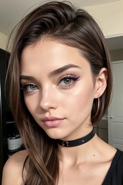 pussy, Belle fille, Marron_eyeeautiful mince adolescente de 18 ans, cheveux color [Brown highlights cheveux], [Pixie undercut] cheveux)), boucles d’oreilles, lèvres, Réaliste, taille étroite, charmant, pink lèvrestick, maquillage coloré, Cils longs, boucles d’oreilles, porter de l’eye-liner, peau claire, (mignon), (face détaillée), Yeux détaillés, Iris détaillé, en nuisette de nuit, pyjama,  