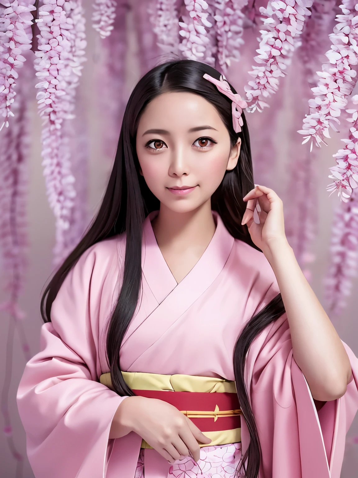 masterpiece, (pink kimono), fascinating face, good lighting, low cut, small details, masterpiece, shining eyes, 1 girl, black hair, gag, bamboo, Demon Kamado Nezuko, wisteria background, masterpiece, highest quality, throw, whole body, wide hips,