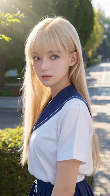 (Highly detailed CG Unity 8K wallpaper)、(masterpiece)、(best quality)、(Super detailed)、(best illustrations)、(best shadow)、(photorealistic:1.5)、(PureErosFace_V1:0.5)、real human skin、Lens flare、shade、Backlight、flower、Depth of bounds written、Natural light、hard focus、film grain、look at the viewer、1 beautiful blonde Scandinavian girl、17 years old、solo、skinny、pale skin、soft lips、(Bright eyebrows: 1.4)、Very large shiny sky blue eyes、Very beautiful shiny bright blonde very long straight hair、Super Long Platinum Blonde Hair、bangs between the eyes、ample breasts、beautiful detailed sky、Detailed West Garden (crowd: 1.2)、Light of the sun、(blushed nose)、beautiful detailed eyes、White Japan Uniform、sailor suit、Dark red pleated skirt、sneakers、cheek highlights、