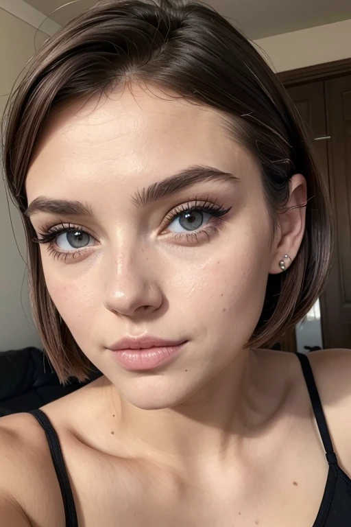 pussy, Belle fille, Marron_eyeeautiful mince adolescente de 18 ans, cheveux color [Brown highlights cheveux], [Pixie undercut] cheveux)), boucles d’oreilles, lèvres, Réaliste, taille étroite, charmant, pink lèvrestick, maquillage coloré, Cils longs, boucles d’oreilles, porter de l’eye-liner, peau claire, (mignon), (face détaillée), Yeux détaillés, Iris détaillé, en nuisette de nuit, pyjama,  {De la tête aux pieds, montrant tout ton corps:1.7}, avec grimace 