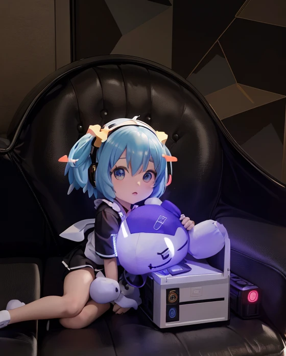 there is a stuffed animal con auriculares on sitting on a couch, anime peripheral, I will deny the matter, Rei Ayanami, con auriculares, con auriculares, ayanami, foto de perfil 1024px, Orejas de anime, 8k!, 4k!, de arknights, tiene auriculares, e-chica, and - girl, Estilo como Nendoroid