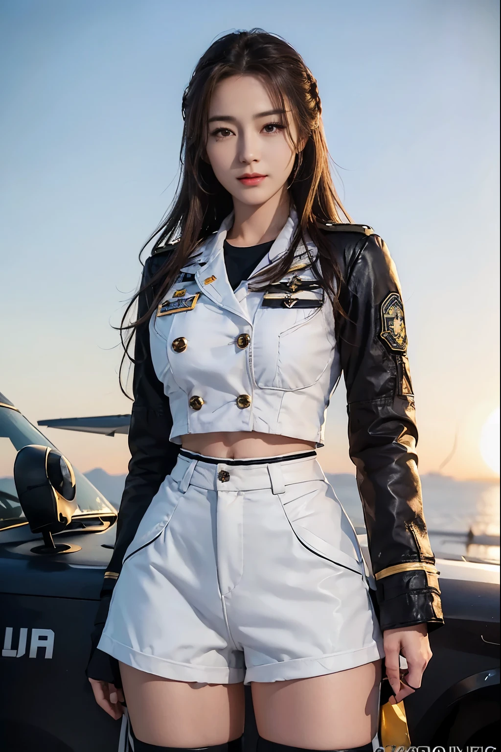 Arad woman standing in front of an airplane in military uniform,Inspired by the portrait of Jill Elfgren,Tumblr,dreamlike realism,girl with warship parts,Pilot costume,perfect military composure,Wear a full military uniform,cute pilot girl,pilot girl,in a soldier uniform,military girl,Charming and seductive,70's jetfighter pilot girl,Korean female fashion model,Good hips and long legs,Pregnant belly,Pregnant belly,Akari's pregnant belly,potbelly