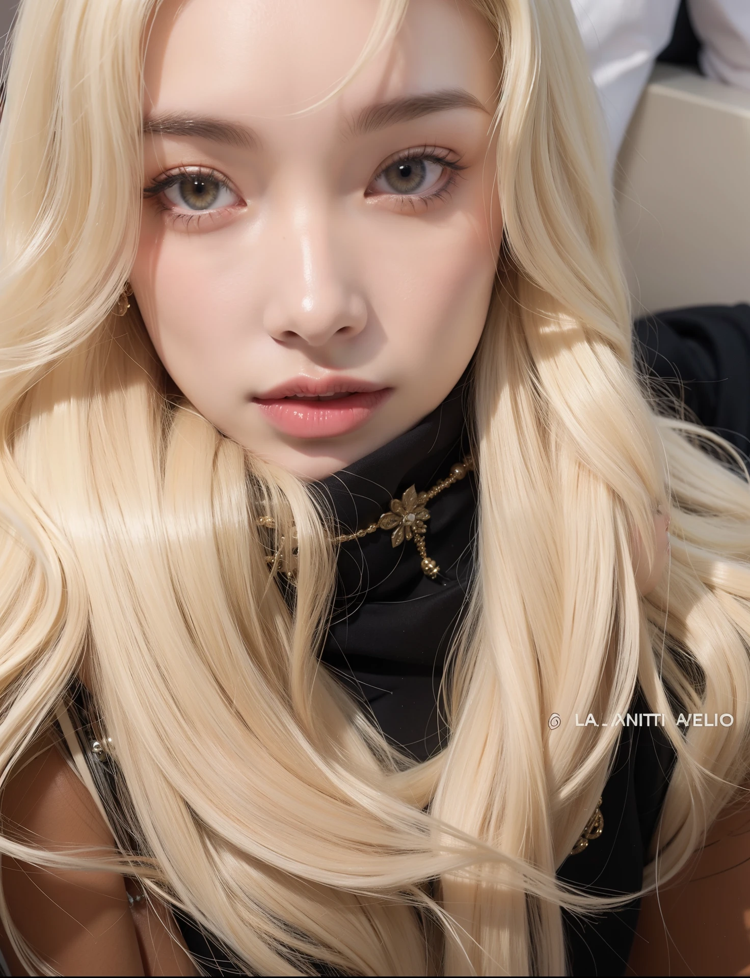 blonde girl with long hair and a scarf posing for a photo, Lalisa Manobal, pale porcelain white skin, cabelo loiro e olhos grandes, cabelo loiro muito claro, cabelo loiro extremamente claro, skin pale as ivory, Bela Delfina, ava max, albino white skin pale, adolescente hiperrealista, her face looks like an orchid, long cabelo loiro e olhos grandes