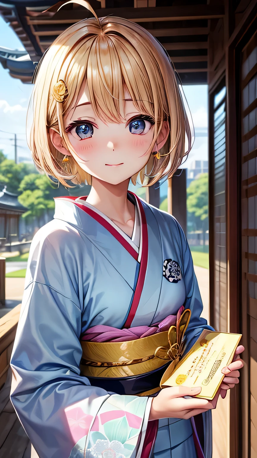 Best Quality、、Very cute、glad looking face、short-hair、Golden head hair、shrines、I want to blush、Staring at this、winc、Kimono、