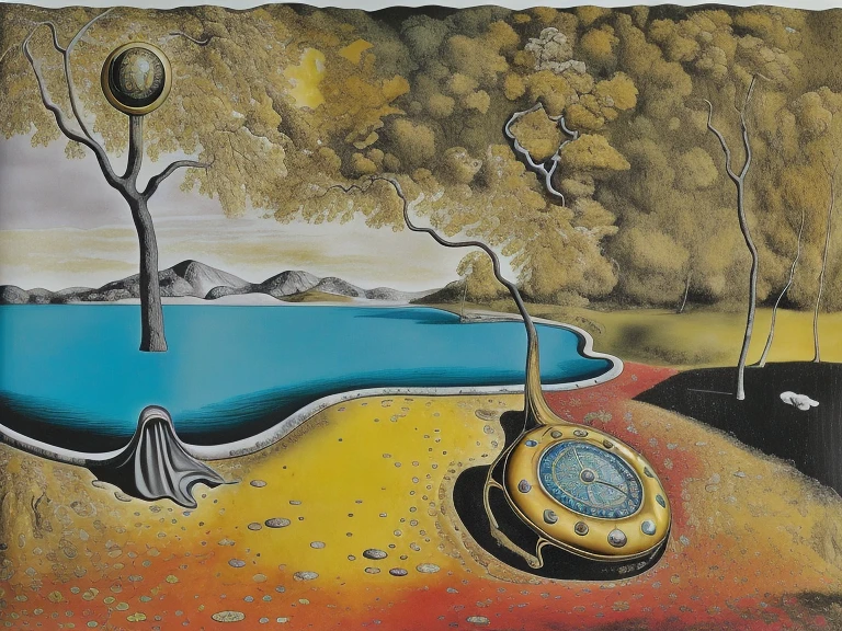 dali69 dalilock un reloj que se dobla por la mitad sobre la rama de un arbol, se derrite, turns into liquid and drips, se dobla por la mitad  se funde en un charco verde al atardecer, psychedelic colored spots 