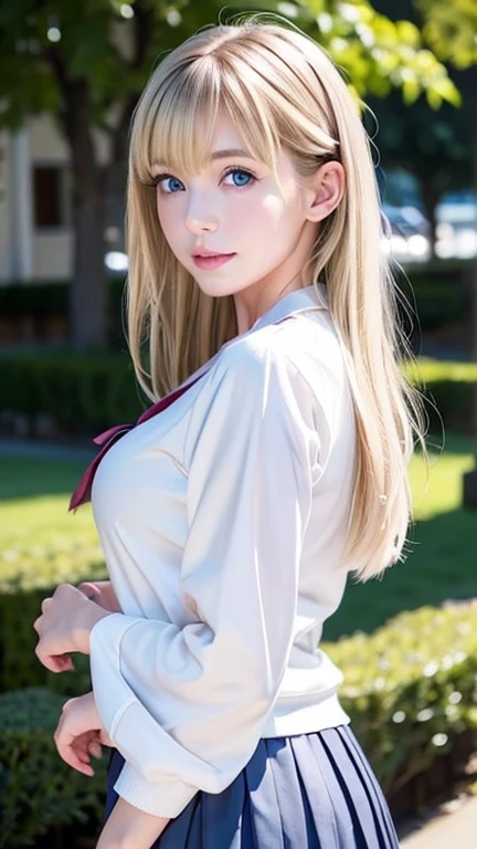 (Highly detailed CG Unity 8K wallpaper)、(masterpiece)、(best quality)、(Super detailed)、(best illustrations)、(best shadow)、(photorealistic:1.5)、(PureErosFace_V1:0.5)、real human skin、Lens flare、shade、Backlight、flower、Depth of bounds written、Natural light、hard focus、film grain、look at the viewer、1 beautiful blonde Scandinavian girl、17 years old、solo、skinny、pale skin、soft lips、(Bright eyebrows: 1.4)、Very large shiny sky blue eyes、Very beautiful shiny bright blonde very long straight hair、Super Long Platinum Blonde Hair、bangs between the eyes、ample breasts、beautiful detailed sky、Detailed West Garden (crowd: 1.2)、Light of the sun、(blushed nose)、beautiful detailed eyes、White Japan Uniform、sailor suit、Dark red pleated skirt、sneakers、cheek highlights、
