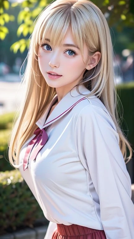 (Highly detailed CG Unity 8K wallpaper)、(masterpiece)、(best quality)、(Super detailed)、(best illustrations)、(best shadow)、(photorealistic:1.5)、(PureErosFace_V1:0.5)、real human skin、Lens flare、shade、Backlight、flower、Depth of bounds written、Natural light、hard focus、film grain、look at the viewer、1 beautiful blonde Scandinavian girl、17 years old、solo、skinny、pale skin、soft lips、(Bright eyebrows: 1.4)、Very large shiny sky blue eyes、Very beautiful shiny bright blonde very long straight hair、Super Long Platinum Blonde Hair、bangs between the eyes、ample breasts、beautiful detailed sky、Detailed West Garden (crowd: 1.2)、Light of the sun、(blushed nose)、beautiful detailed eyes、White Japan Uniform、sailor suit、Dark red pleated skirt、sneakers、cheek highlights、