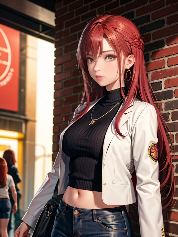 (masterpiece, highest quality, 1 girl, alone, intricate details, chromatic aberration), realistic, ((Medium breathing)),long hair, redhead, Red decoration on the head, pink highlights, amber eyes, earrings, clear eyes, necklace, Neon Shirt, ripped shorts, Jacket without buttons, turtleneck, night, towards the wall, brick wall, graffiti, dim lighting, alley, look at the audience